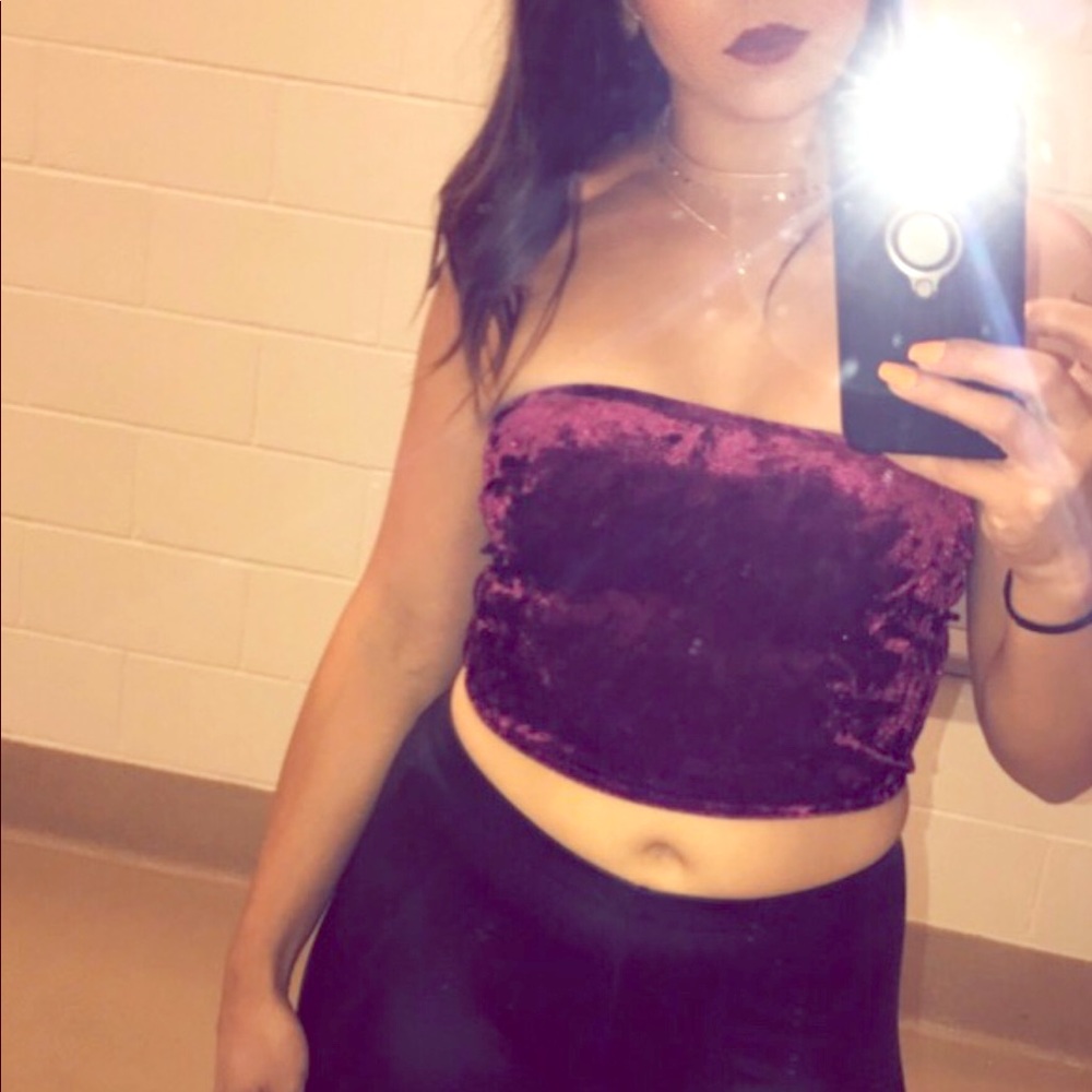 Burgundy velvet crop top with mesh back